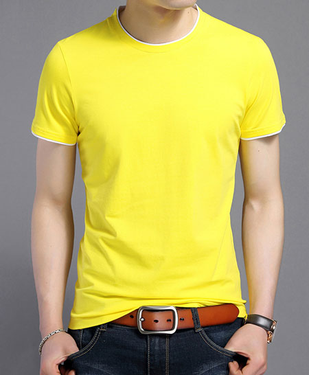 黃色嵌白邊短袖圓領T恤衫定做款式模板