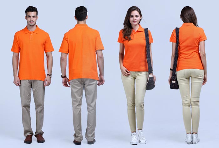 橙色純棉短袖體恤衫定做男女款式效果展示圖