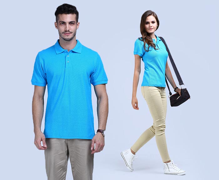 湖藍色純棉短袖體恤衫定做男女款式效果展示圖